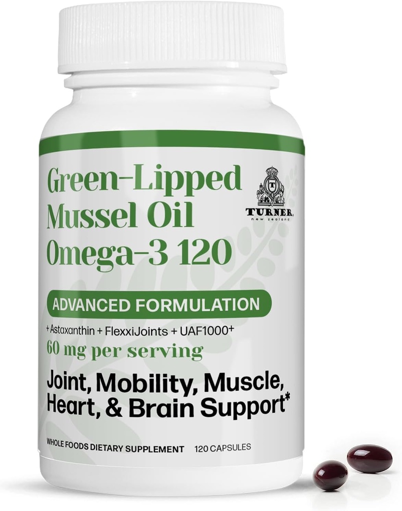 TURNER New Zealand Green Lipped Omega-3 Mussel Oil, 53x Potency Superior con UAF1000+ Super Antioxidante para Superior Mix Comfort & Mobility, No Fishy Aftertaste, 1 Botella, 120 Softgels