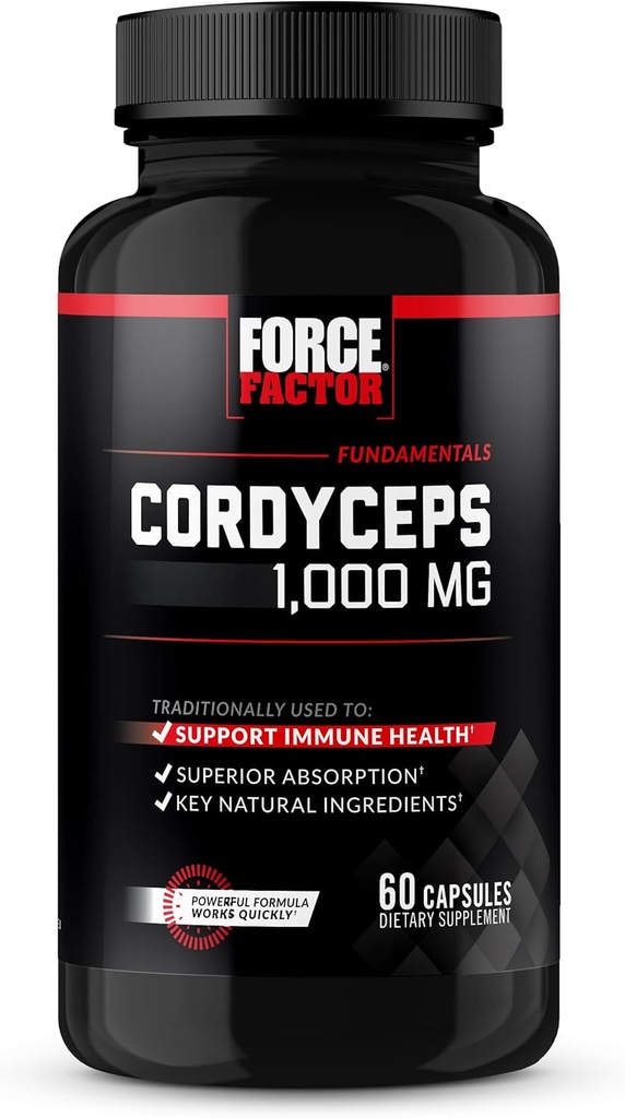 FORCE FACTOR Cordyceps Capsules con 1000 mg de Cordyceps Sinensis Mushroom Extract, Usado tradicionalmente para mejorar la vitalidad, con BioPerine para la absorción rápida, ingredientes naturales clave, 60 cápsulas