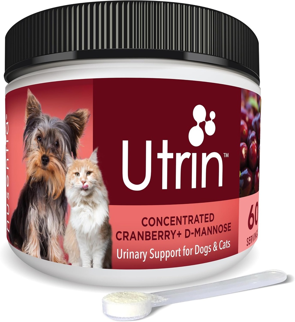 NUSENTIA UTRIN - Soporte urinario para gatos &amp; perros - Doble acción de arándano &amp; D-Mannose - para la salud natural de la vejiga, la incontinencia y la repetición de UTI, 60 servicios