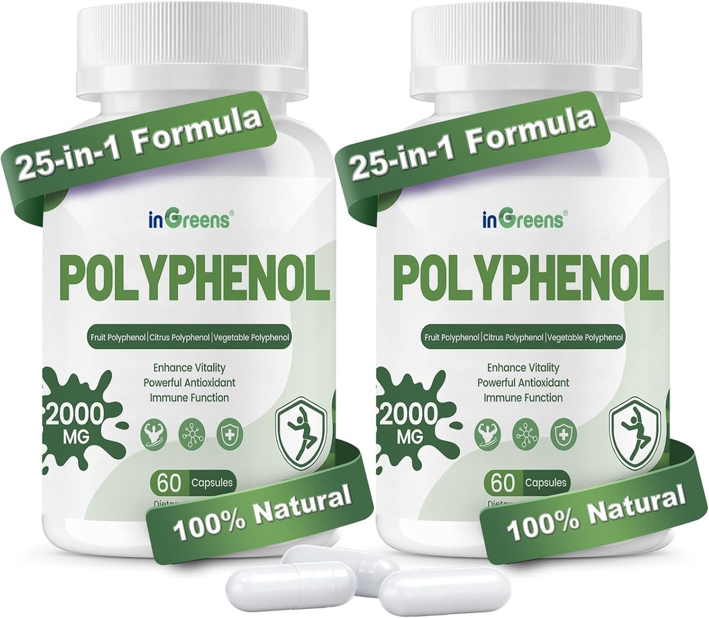 25-in-1 Polyphenols Supplement, 2000MG Powerful Antioxidants &amp; Polyphenol for Age Defense, Polyphenol Superfood, Quercetin, Resveratrol, Plant-Based & Energy, Immune Support, 120 Capsules