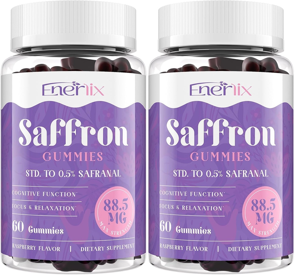 Saffron Gummies 88.5 mg con Magnesium, Max Strength Saffron Suplementos con St. John’s Wort, GABA, Rhodiola, Rosemary &amp; Passion Flower Extracts for Mood, Focus - 120 Servings