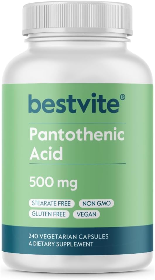 BESTVITE Pantothenic Acid 500mg (Vitamin B5)(240 Vegetarian Capsules) - No Stearates - No Gelatin - No Calcium Silicate - Vegan - Non GMO - Gluten Free