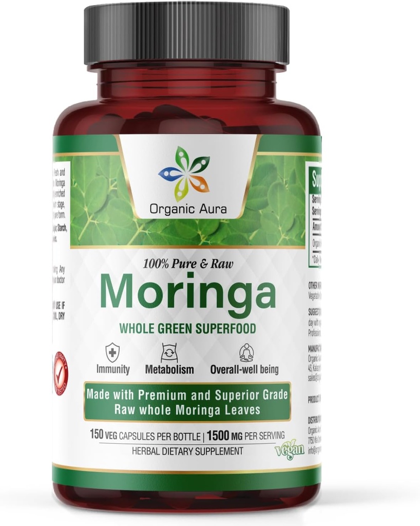 Orgánica Aura Moringa Leaf Capsules ← 1500mg - 150 HPMC Veg ← Hojas enteras Green Super Food Nutrition ← Naturally Boosts Metabolism, Energy, Health, " Stamina  durable 100% Pura Safe Moringa ←Non GMO.