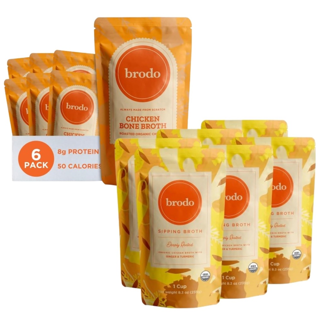 Brodo de pollo orgánico profundamente arraigado Broth con Turmeric " Ginger peru Nutrient Dense, Chef Artesanía Bono Broth en bolsas de servicio individuales ← No hecha de Concentrate, No Preservatives (6x 8,3 oz Pouches)
