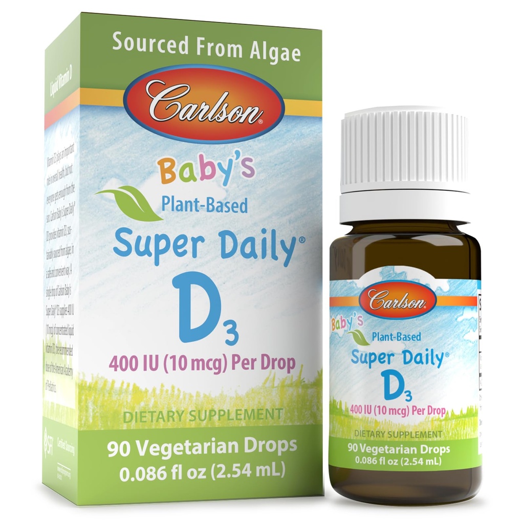 Carlson - Baby's Plant-Based Super Daily D3, Baby Vegetarian Liquid Vitamin D Drops, 400 IU (10 mcg) per Drop, Sourced from Algae, for Infants and Toddlers, Unflavored, 90 Drops (2.54 mL)
