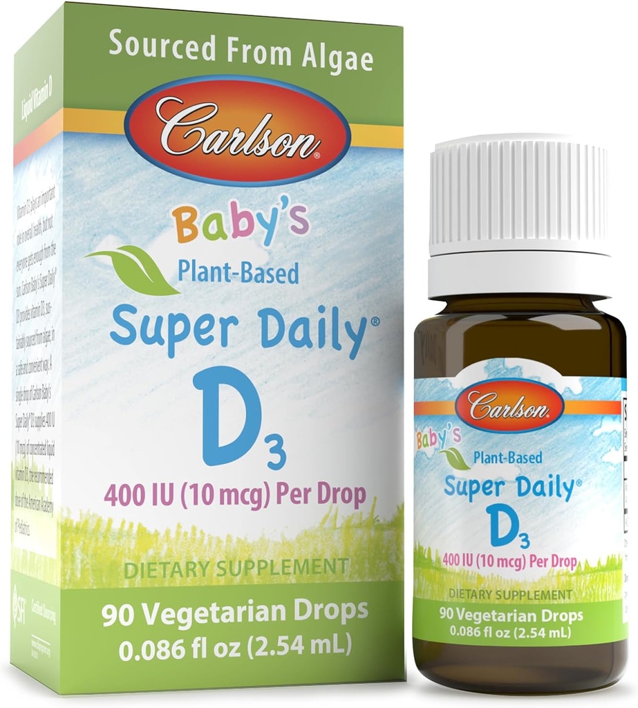 Carlson - Baby's Plant-Based Super Daily D3, Baby Vegetarian Liquid Vitamin D Drops, 400 UI (10 mcg) por gota, proveniente de Algae, para bebés y niños pequeños, Desflavorados, 90 gotas (2,54 mL)