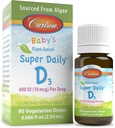 Carlson - Baby's Plant-Based Super Daily D3, Baby Vegetarian Liquid Vitamin D Drops, 400 UI (10 mcg) por gota, proveniente de Algae, para bebés y niños pequeños, Desflavorados, 90 gotas (2,54 mL)