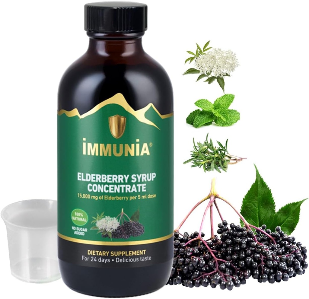 Immunia Elderberry Syrup ayuda a fortalecer el sistema inmunológico. Concentrado de anciano con anciano, tomillo y menta. No hay azúcar. Delicioso sabor. 24 días / botella. (1-Pack)