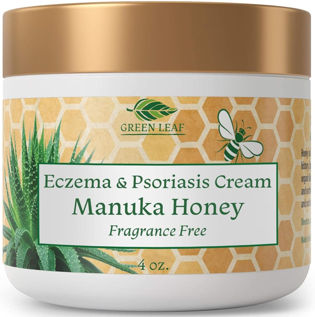 Green Leaf Naturals Manuka Honey Eczema Cream Moisturizing Lotion Fragrance Free for Psoriasis Relief - Itchy, Dry Skin Ointment - Skin Soothing Moisturizer - Body & Face Cream - Kids &amp; Adults 4oz