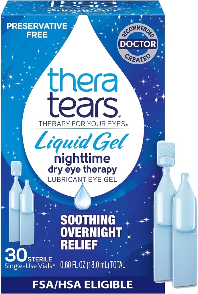 TheraTears Liquid Gel Nighttime Lubricating Eye Drops for Dry Eyes, Single-Use Vials, 30 Count
