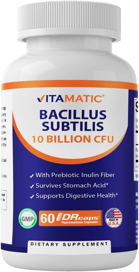Vitamatic Bacillus Subtilis 10 Billion per DR Capsule - 60 Conde - Digestivo, Gut &amp; Immune Health Support - Hecho con fibra prebiótica