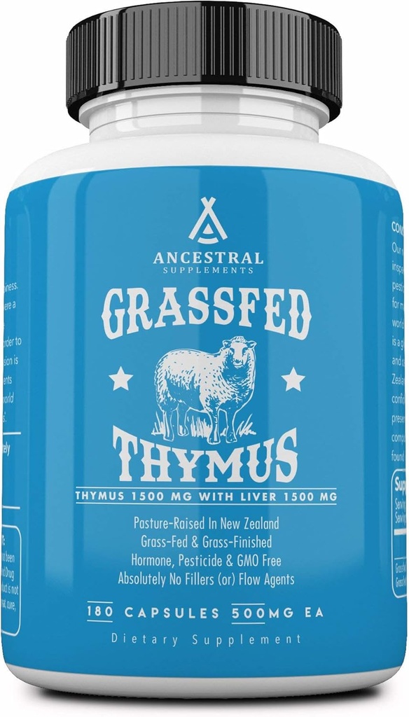 Suplementos ancestrales Grass Fed Ovine (Sheep) Thymus Glandular Extract, 3000mg, Histamine, Energy, Allergy and Immune Support Supplement with Grass Fed Beef Liver, Non GMO, 180 Capsules