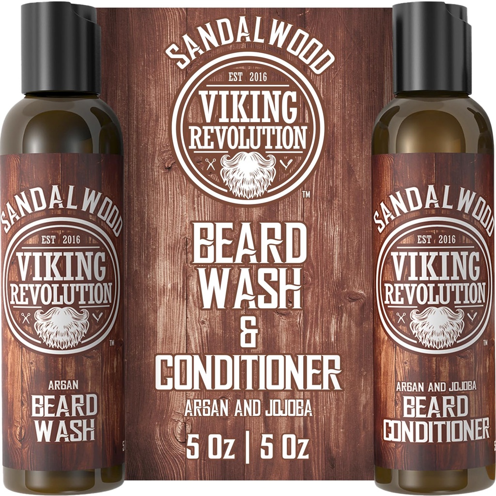 Vikingo Revolución Beard Wash &amp; Beard Acondicionador Set w / Armgan & Jojoba Aceites - Suaviza &amp; Fortalece - Natural Beard Shampoo w / barba aceite Sandalwood (5oz)