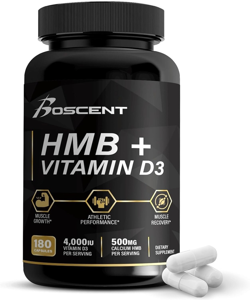 HMB y vitamina D3 Suplemento 1000 MG (180 cápsulas) - Suplementos HMB con 4.000 UI de D3 &amp; Calcio - Crecimiento muscular, fuerza &amp; cura - B-Hydroxy B-Metilbutirato Butyrate - Muscle Builder for Men