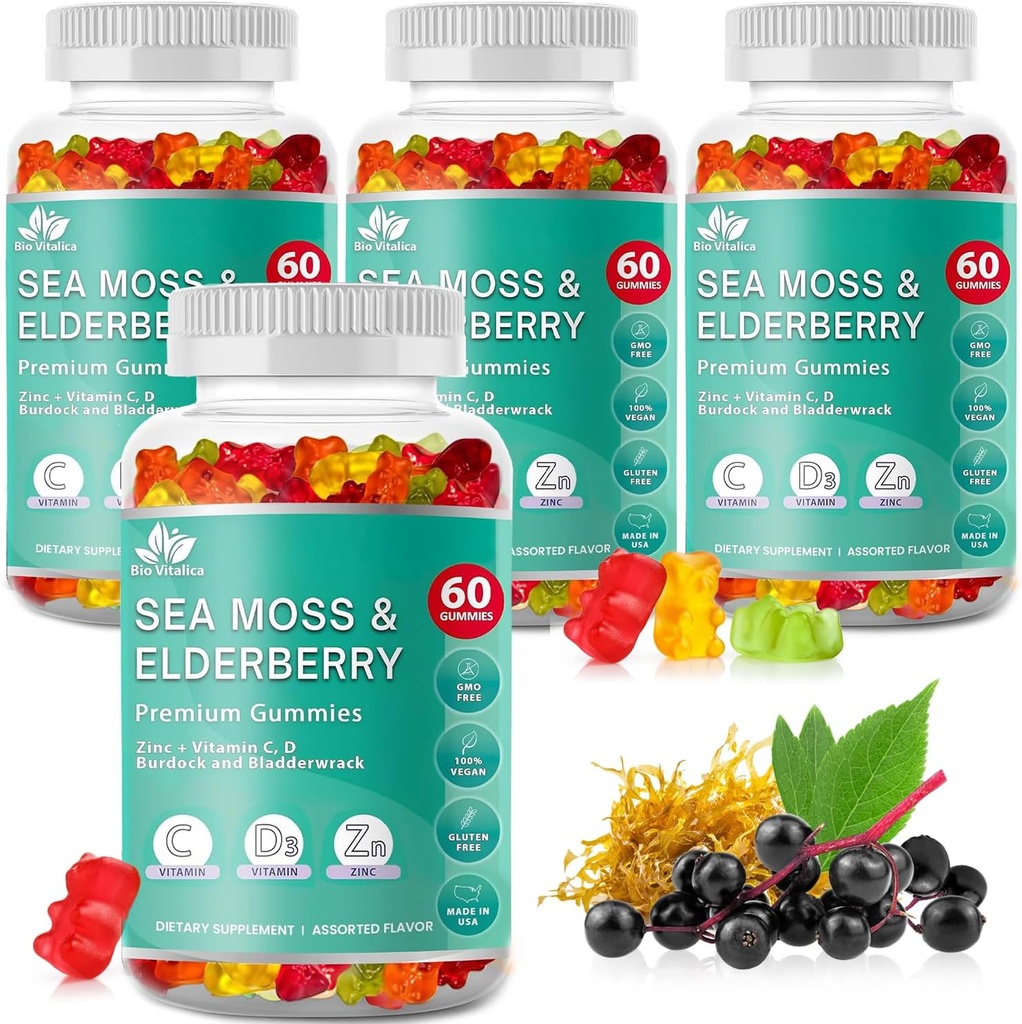 BIO VITALICA Sea Moss Gummies Elderberry BioVitalica - Vitamina C D + Zinc - Irish Seamoss Vegan Gummy with Sea Moss Gel & Powder for Immunity, Detox - para adultos y niños (4Packs)