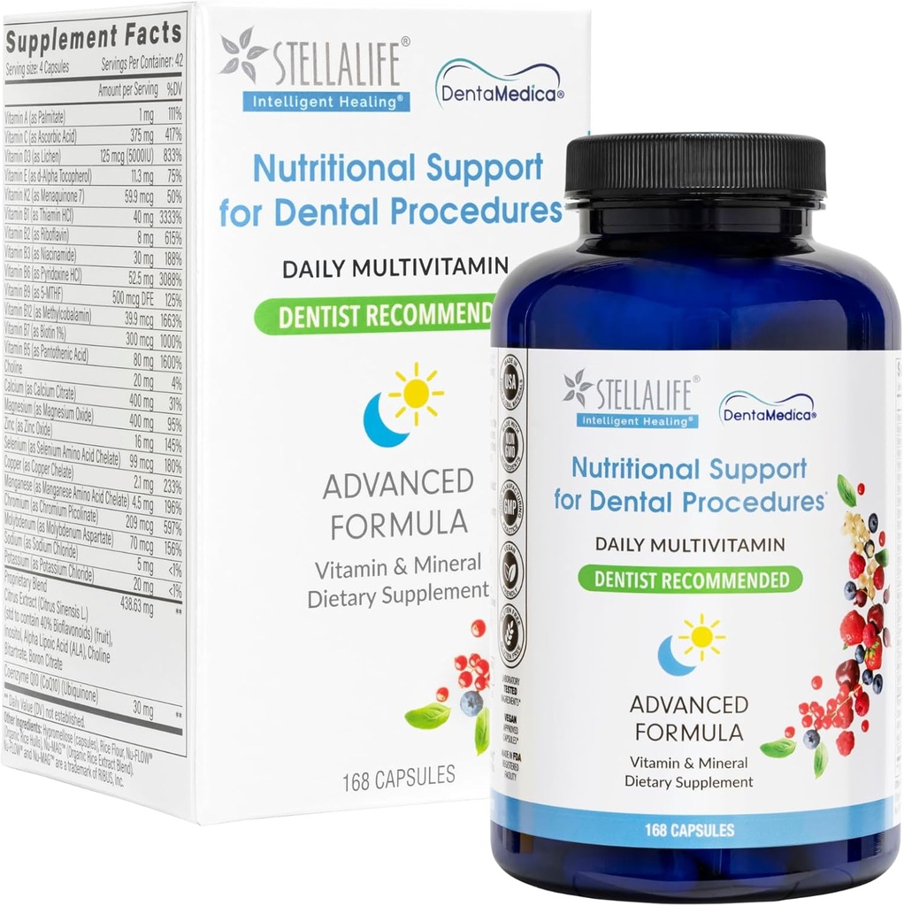 StellaLife DentaMedica Vegan Daily Multivitamin Nutritional Support for Faster Dental Surgery Recovery, VIT D3 K2 C B Zinc CoQ10 Magnesium, Healthy Bones & Gums, Non-GMO, GMP USA, 168 cápsulas