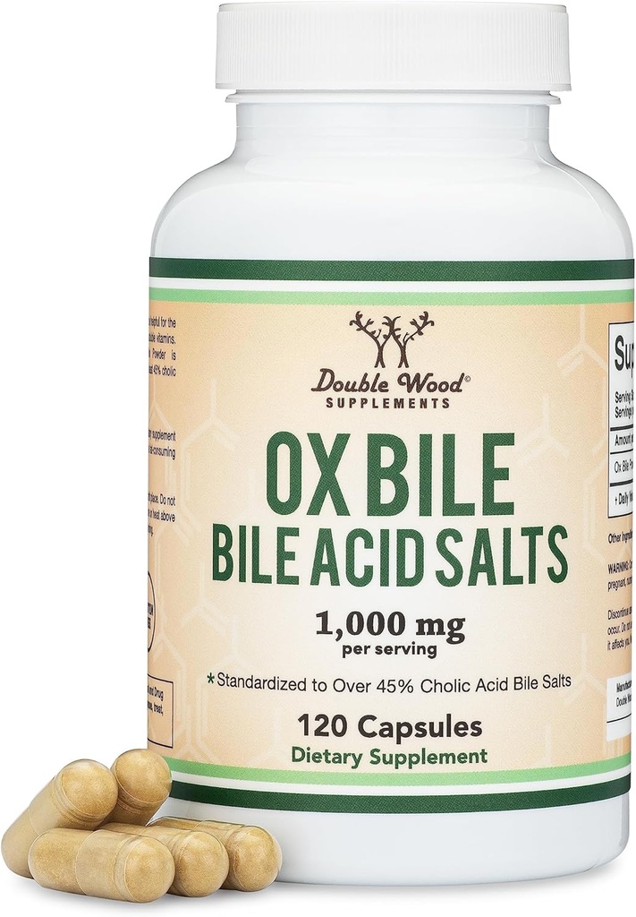 Suplemento Bilis Ox para No Gallbladder (1.000 mg por ser, 500 mg por cápsula, 120 cápsulas) Estándarizado a 45% Saltas de Ácido Cólico para ayudar a abordar deficiencias de sal de bilis por madera doble