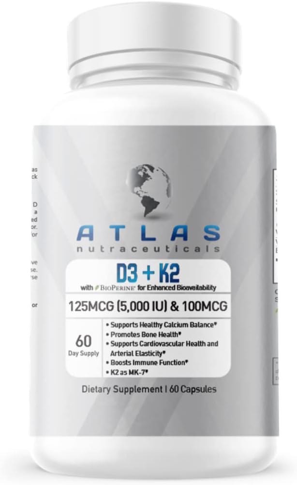 Atlas Nutraceuticals-Vitamin D3+K2- Vitamina D3 5000IU Plus K2, 2 en 1 Fórmula, MK7 Vitamin K2, 60 cápsulas, complejo de vitamina inmune