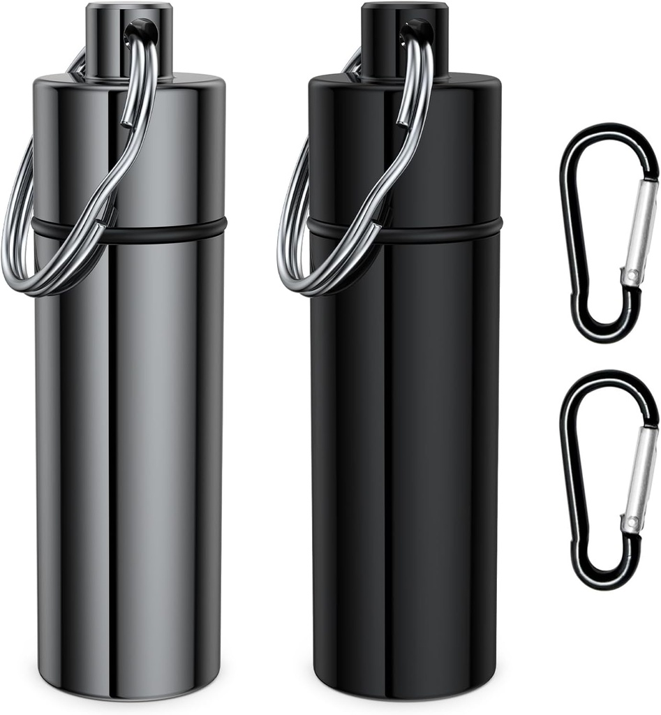 Rejilla pequeña,(2 Pack+2*Carabiner Clips) Keychain Pill Holder Portable Mini Container Container Metal Case Bottle with Keyring
