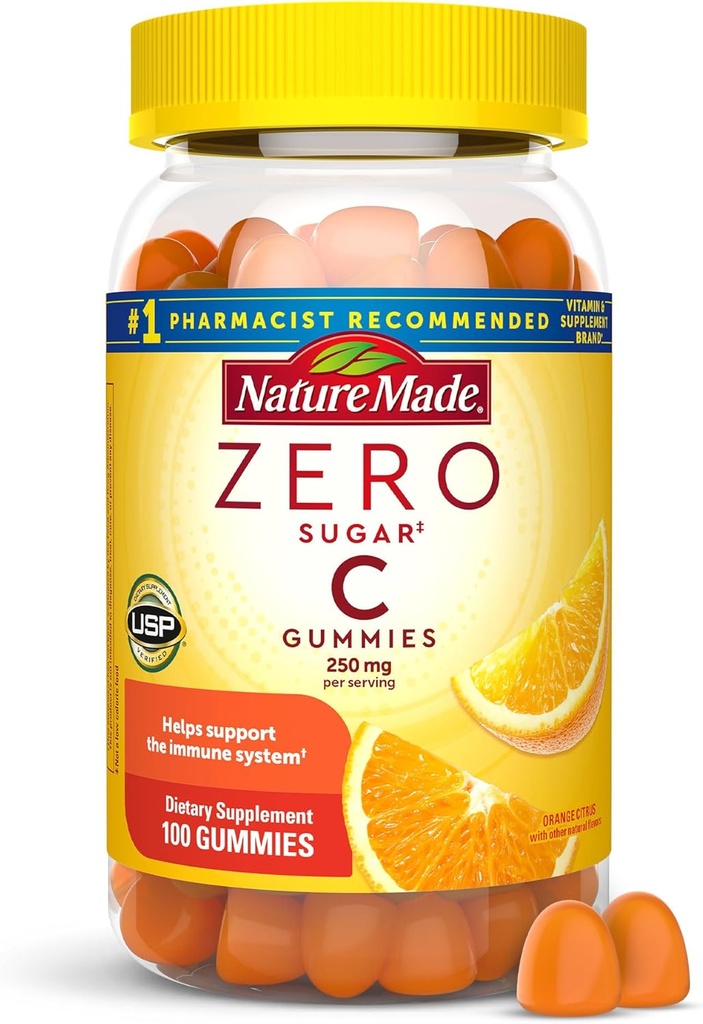Nature Made Zero Sugar Vitamina C Gummies 250 mg por Serving, Immune & Antioxidant Support, Aspartame Free, 100 Sugar Free Gummies, 50 Day Supply