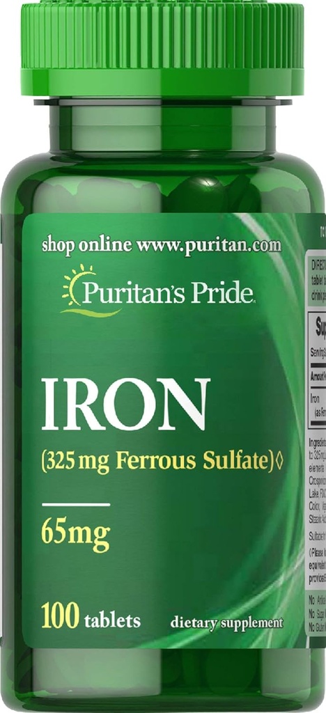 Puritans Pride Iron Ferrous Sulfate 65 Mg Tablets, 100 Conde