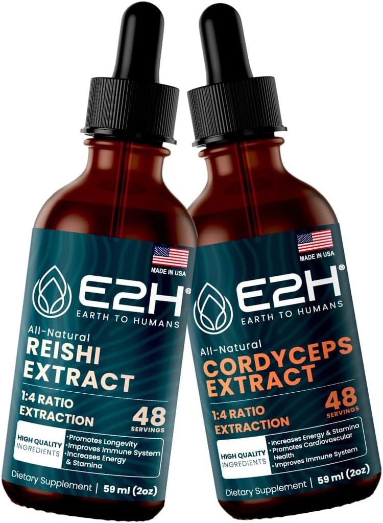 E2H: Reishi & Cordyceps Extractos - Energía, Longevidad, Energía, Resistencia &amp; Apoyo Inmunitario - No GMO, Vegan - 2 Fl Oz Cada (4 Fl Oz Total) - Bundle