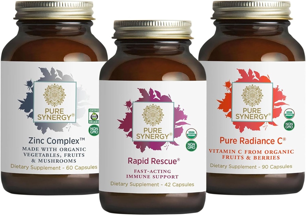 PURE SYNERGY Immediate Immune Support Bundle | Organic Vitamin C Supplement | Zinc Supplement Made with Whole Foods | Rapid Herbal Formula with Echinacea Extract | Non-GMO and Organic Ingredients