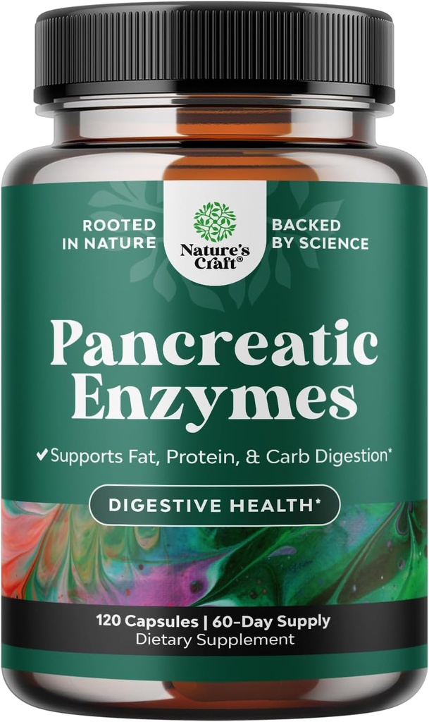 Naturalezas Artesanía Pancreatina Enzimas digestivas para la salud digestiva - Enzimas pancreáticas para humanos con carbohidratos gordos y mujeres y hombres proteínas - Protease Amylase " Lipase Digestión -120ct