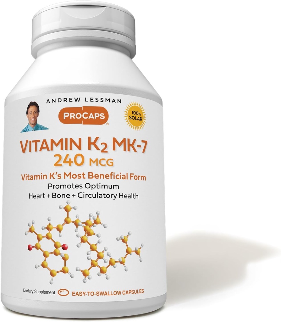 ANDREW LESSMAN Vitamin K2 MK7 240 mcg 60 Softgels - Essential for Healthy Calcium Utilization, Promotes Optimum Skeletal, Heart and Arterial Health. Sin aditivos. Pequeño fácil de absorber Softgels