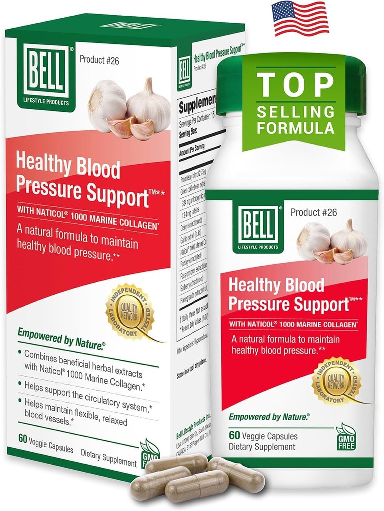 Bell Healthy Blood Pressure SupportTM Unique Blend - Natural Blend of Green Coffee Bean Extract, Ajo &amp; Celery Seed Extract Suplementos- 60 cápsulas, Vegan, No GMO