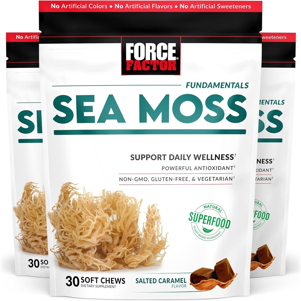 FORCE FACTOR Sea Moss Soft Chews, Support Immunity, Digestion, and Heart Health, Irish Sea Moss Superfood & Antioxidants Suplemento, Non-GMO, Gluten-Free, Salted Caramel Flavor, 90 Soft Chews, 3-Pack