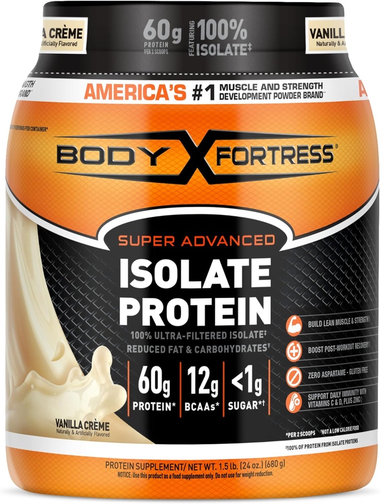 Fortaleza del cuerpo 100% Ultra-Filtered Isolate Protein Powder, Vainilla, 60g Protein &amp; 12g BCAAs Por 2 Scoops, Muscle Gain &amp; Recovery, Immune Support with Vitamins C & D, 1.5lbs,Packaging May Vary