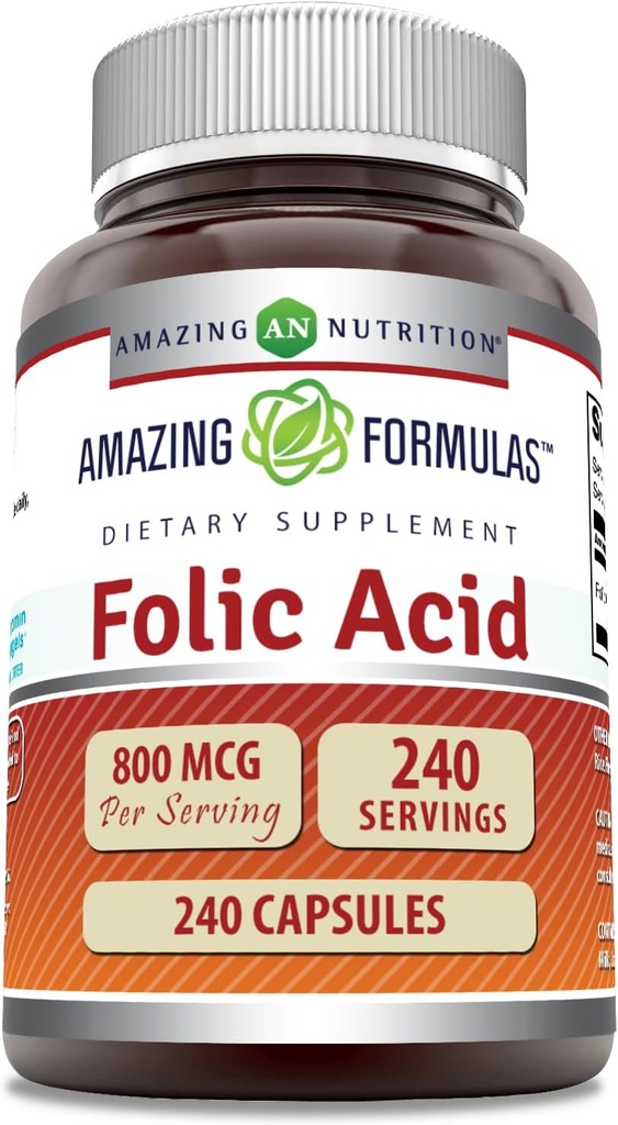 Amazing Formulas Folic Acid (Vitamin B9) 800 Mcg Suplemento TENIDO Cápsulas TENIDO No-OMG ANTE Gluten-Free TEN Made in USA (1 Pack TEN 240 Count)