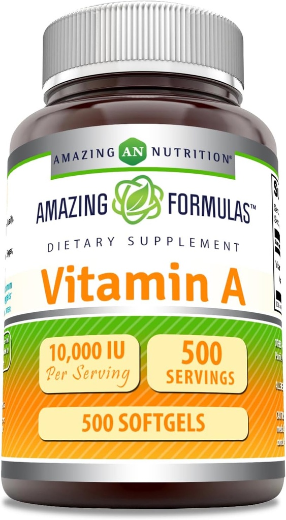 Fórmulas asombrosas Vitamina A 10000 UI Suplemento TENIDO como Retinyl Palmitate TEN 3000 Mcg Silencio Softgels TENIDO NO-GMO ANTE Gluten Free TEN Made in USA (1 Pack, 500 Count)