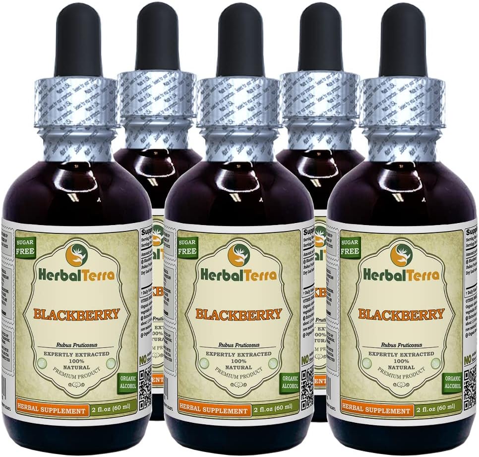 BlackBerry (Rubus fruticosus) Tintura, hojas secas orgánicas Extracto líquido (Marca: HerbalTerra, Proudly Made in USA) 5x2 fl.oz (5x60 ml)