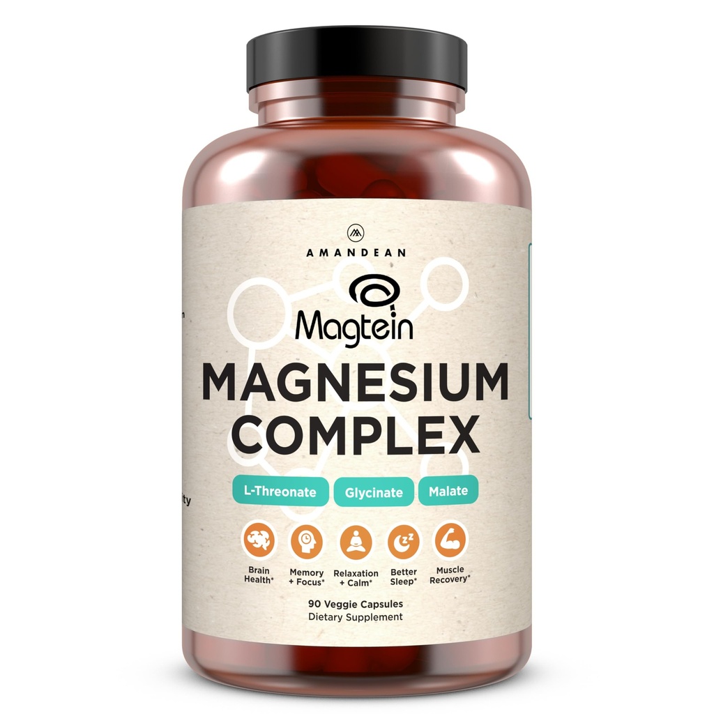 Complejo de Magnesio AMANDEAN Magtein. L-Threonate, Glycinate, Malate Triple Blend Chelated Magnesium Suplemento. 90 Veggie Capsules. Ingredientes de alta absorción. Salud cerebral, sueño, calma*.