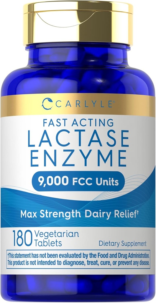 Carlyle Lactase Enzyme Pills 9000 FCC ← 180 Tablets ← Fast Acting Dairy Relief Supplement ← Max Strength Support ← Non-GMO, Gluten Free