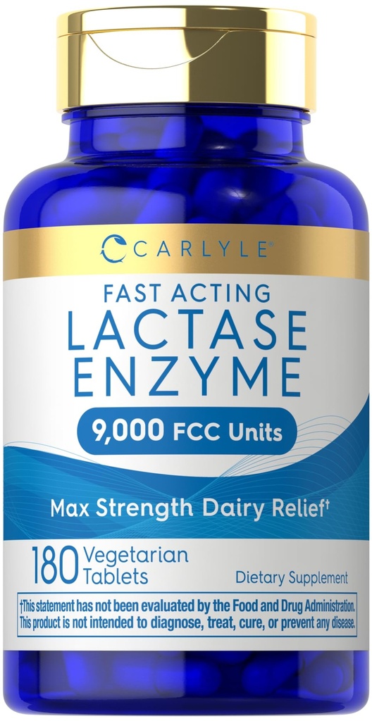 Carlyle Lactase Enzyme Tablets 9000 FCC | 180 Pills | Max Strength Dairy Relief | Fast Acting Formula | Vegetarian, Non-GMO, Gluten Free