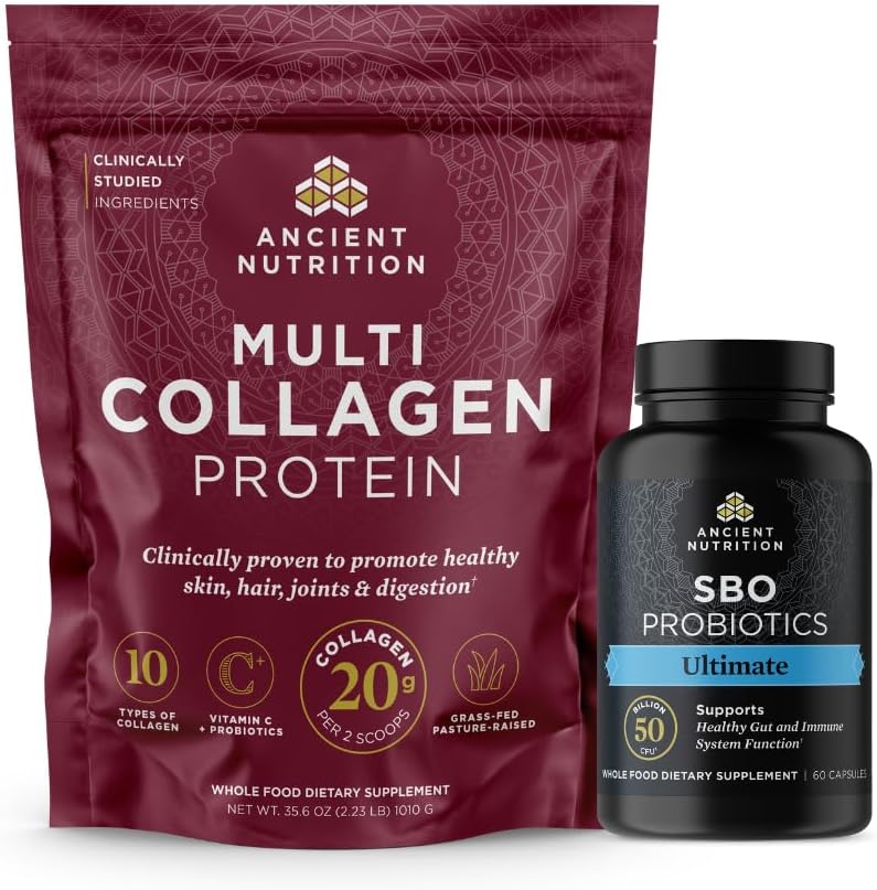 Antigua Nutrición Multi Collagen Proteína Polvo, Desarrollado, 100 Servimientos + SBO Probióticos, Ultimate, 60 cápsulas