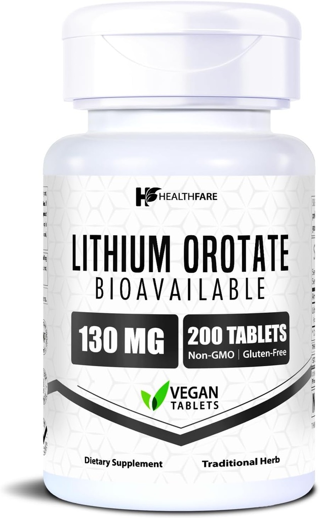HealthFare Lithium Orotate Suplemento 130mg tención 200 Tablets Vegetarian ← High Bioavailability Trace Mineral ← Mood, Brain & Memory Support ← Non-GMO, Gluten-Free TEN Made in USA