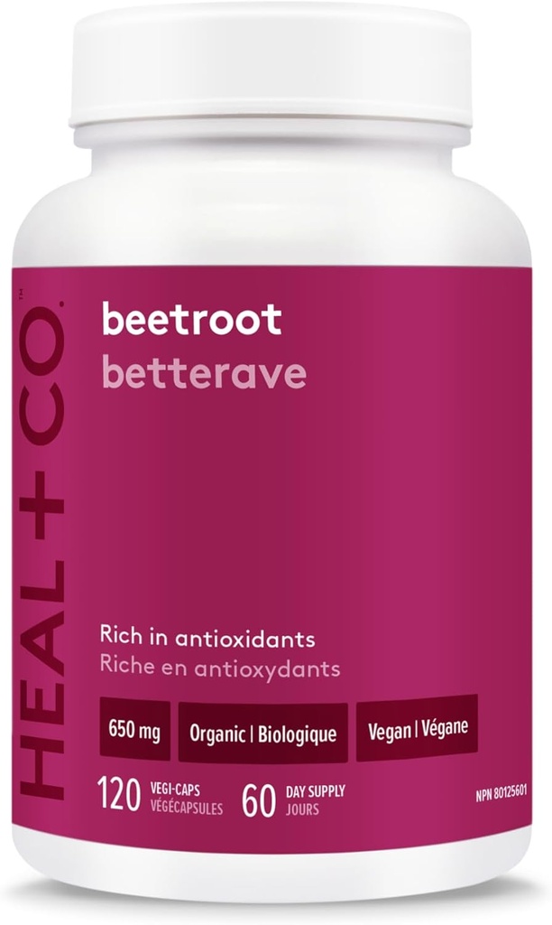 HEAL + CO. Beetroot 650mg - High Power, Ultra-Pure, Organic, Superfood - Vegan, GMO-Free, Gluten-Free, Allergen-Free - Caja de 120 cápsulas vegetales