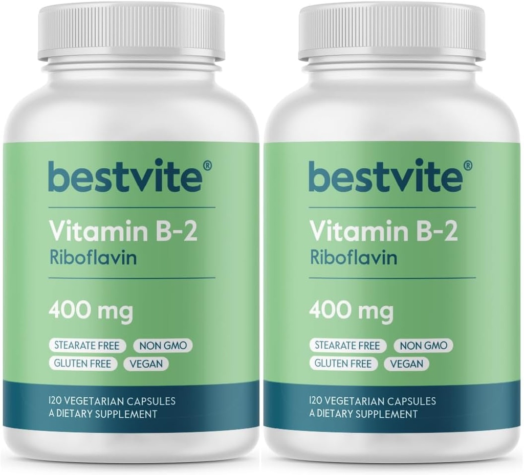 BestVITE Vitamina B-2 (Riboflavin) 400mg (240 cápsulas vegetarianas) (120 x 2) - Sin esteroides - Vegan - No GMO - Gluten Gratis