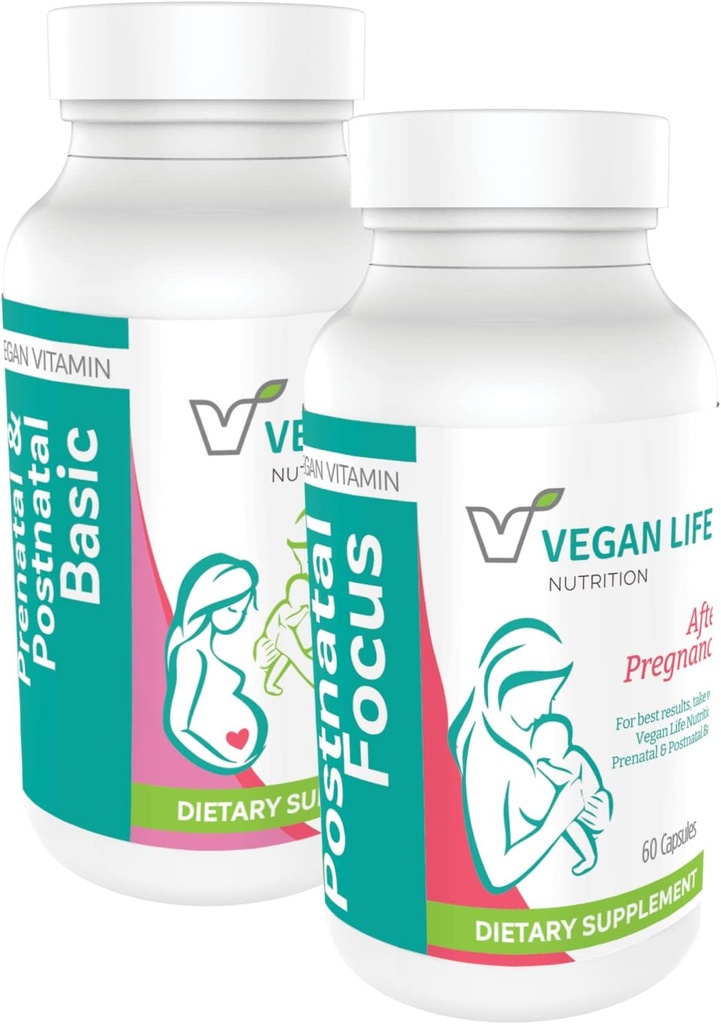 Nutrición de la vida vegana - Vitaminas posnatales vegas - Folato, Calcio, Vitaminas A, B, C, D, E, K y Más - Libre de gluten, No GMO