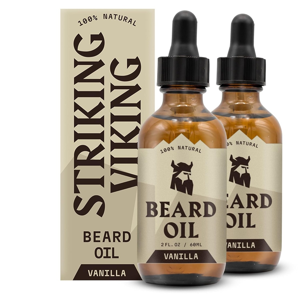 Aceite de barba vikinga para hombres - 2 Fl Oz, Pack de 2, Vanilla Scent - Acondicionador naturalmente degradado con Almendra, Árbol de té, Argan &amp; Jojoba Oil for Beard Growth, Softening " Moisturizing