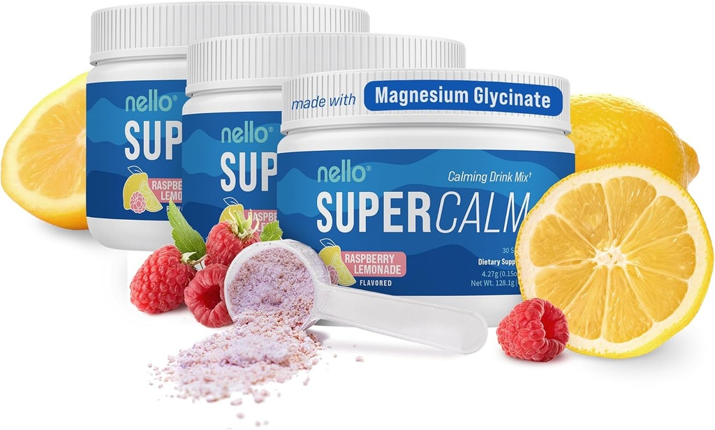 Nello Supercalm Drink Mix - Ashwagandha KSM 66, Magnesium Glycinate, L-Theanine, Vitamin D3 - Ashwagandha Root Extract, Magnesium & L-Theanine Supplement - (30 Servings) - 3 Pack
