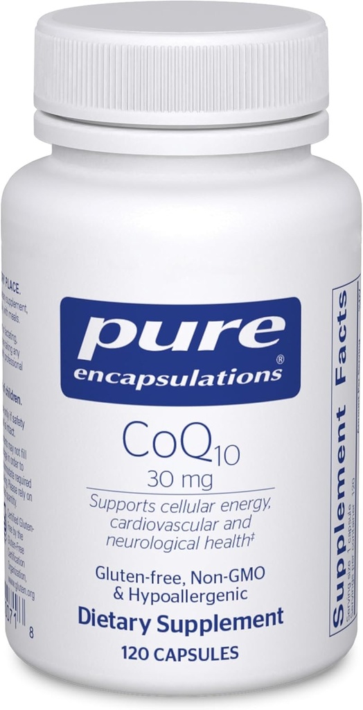 Encapsulaciones puras CoQ10 30 mg ← Coenzima Q10 Suplemento de Energía, Antioxidantes, Salud Cerebro y Celular, Cognición y Apoyo Cardiovascular*  120 cápsulas
