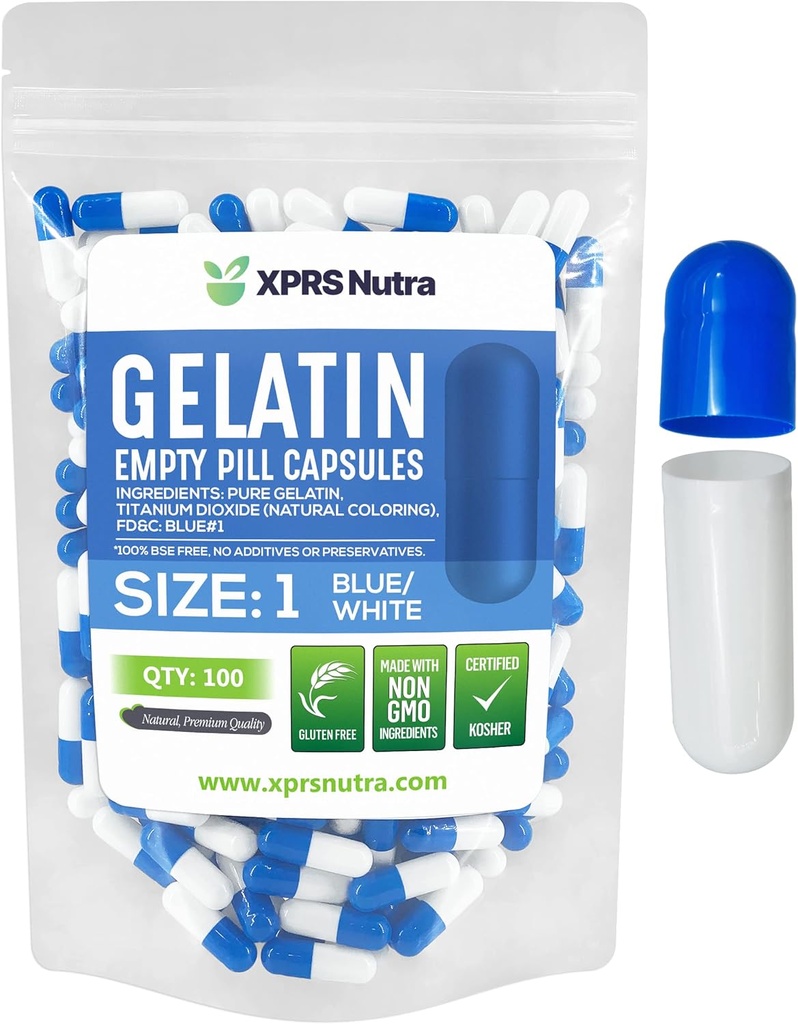 XPRS Nutra Size 1 Empty Capsules - 100 Conde Empty Gelatin Capsules - Pill DIY Capsule Filling - Pure Bovine Pill Gel Caps for Do-It-youself Supplements (Blue/White)