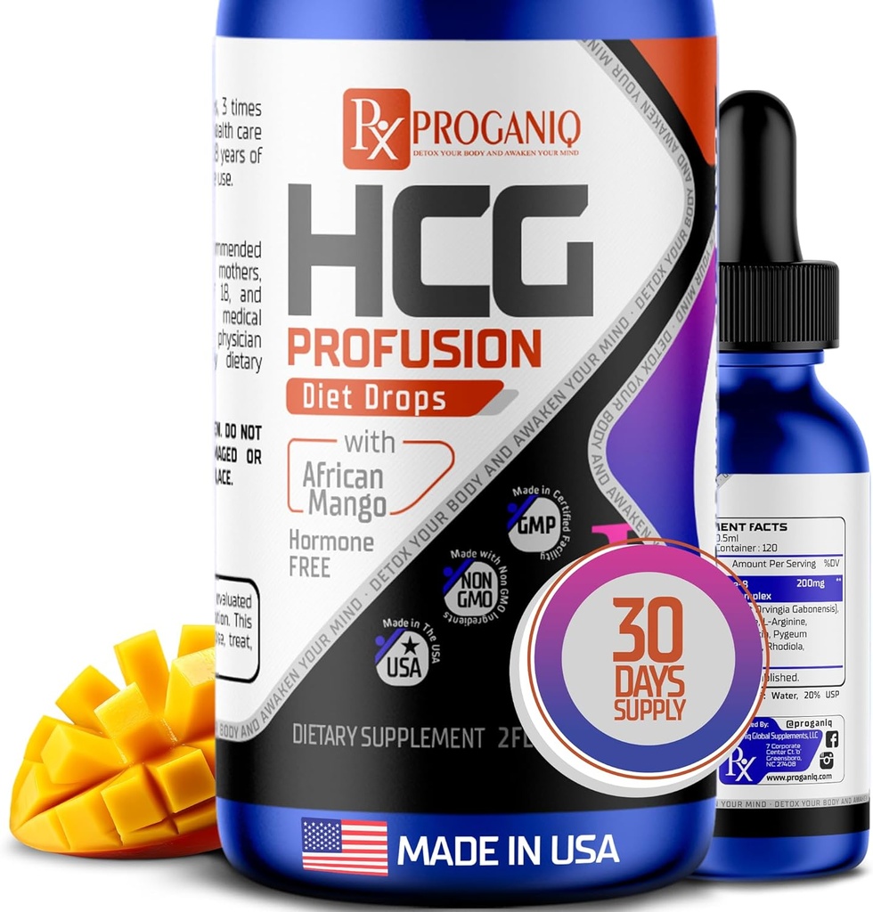 X PROGANIQ Profusion HCG Drops - Advanced Weight Management Formula with African Mango - Hormone Free Drops for Women &amp; Hombre - Made in The USA - HCG Drops for Weight Management - 30 Day Supply