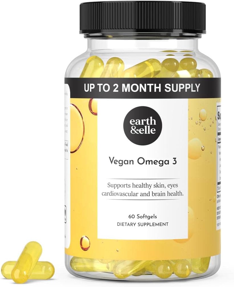 Earth & Elle Algae Omega 3 Suplemento - Vegan Omega 3 - Omega 3 Vegan Suplemento w/Algae Oil & Vegan DHA - Ayuda al corazón &amp; Brain Health 1000 mg Por Serving - No Fishy Aftertaste 60 Softgels