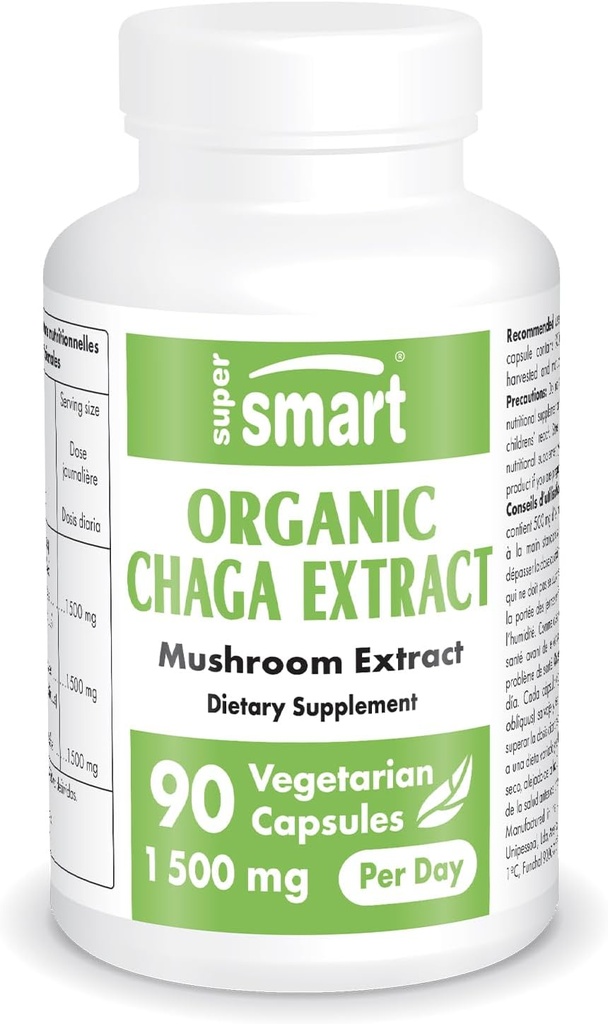 SuperSmart Organic Chaga Extract 1500mg per Day (High Strength) - Wild & Hand Picked Chaga Mushrooms Supplement ← Non-GMO & Gluten Free - 90 Vegetarian Capsules